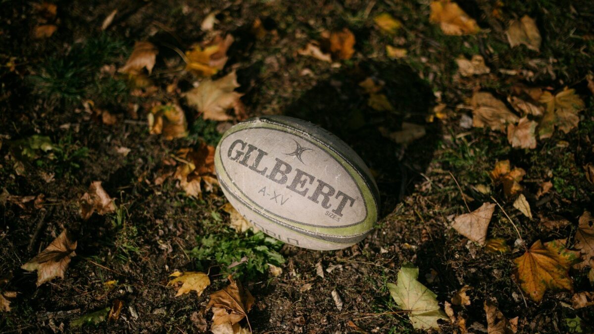 a rugby ball laying on the ground surrounded by leaves